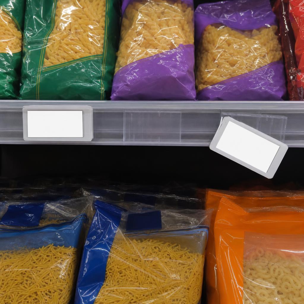 Shelf photo with runs of missing price tags outlined
