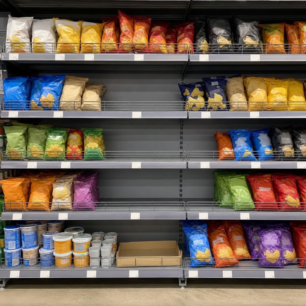 A store shelf with an empty gap where products should be